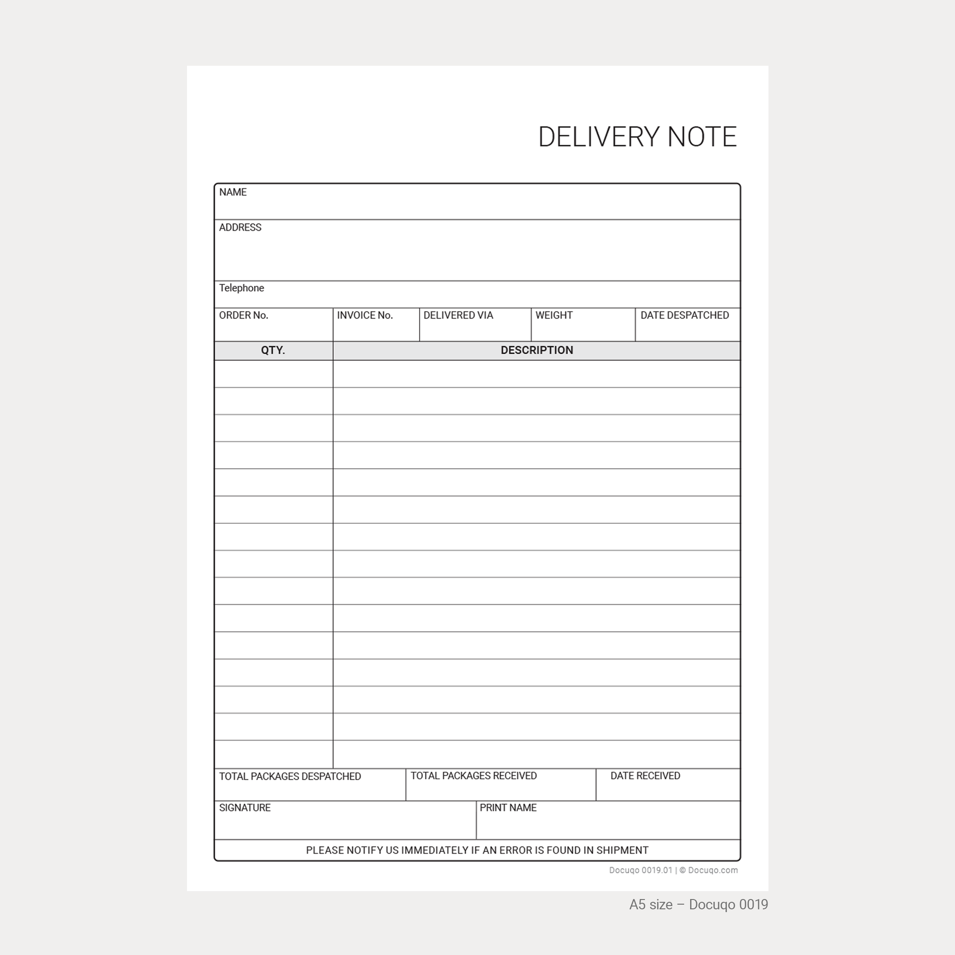 A5 UK delivery note template PDF for recording customer deliveries. Easy, fast download.