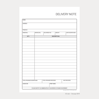 A5 UK delivery note template PDF for recording customer deliveries. Easy, fast download.
