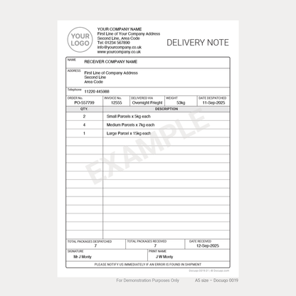 Fill out on screen delivery note PDF for recording deliveries. Instant download. A5 UK size.