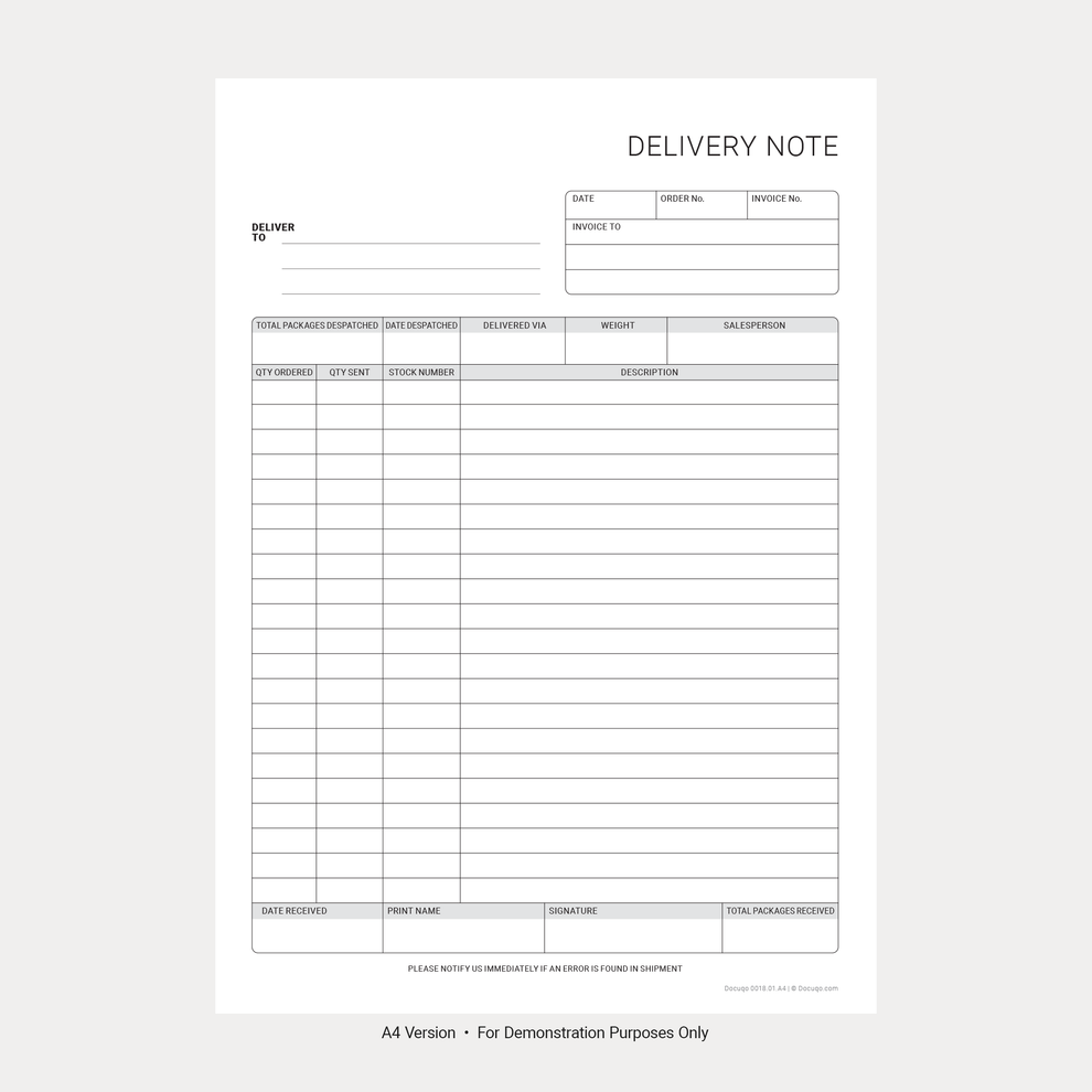 Delivery Note Sheet Format Delivery Note Template Pack UK – A4 & A5 Fillable PDF Forms – Docuqo