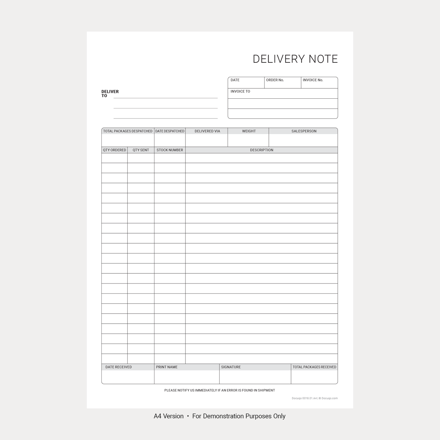 Delivery Note Template A4 Blank – UK Business PDF Form (Docuqo 0018)