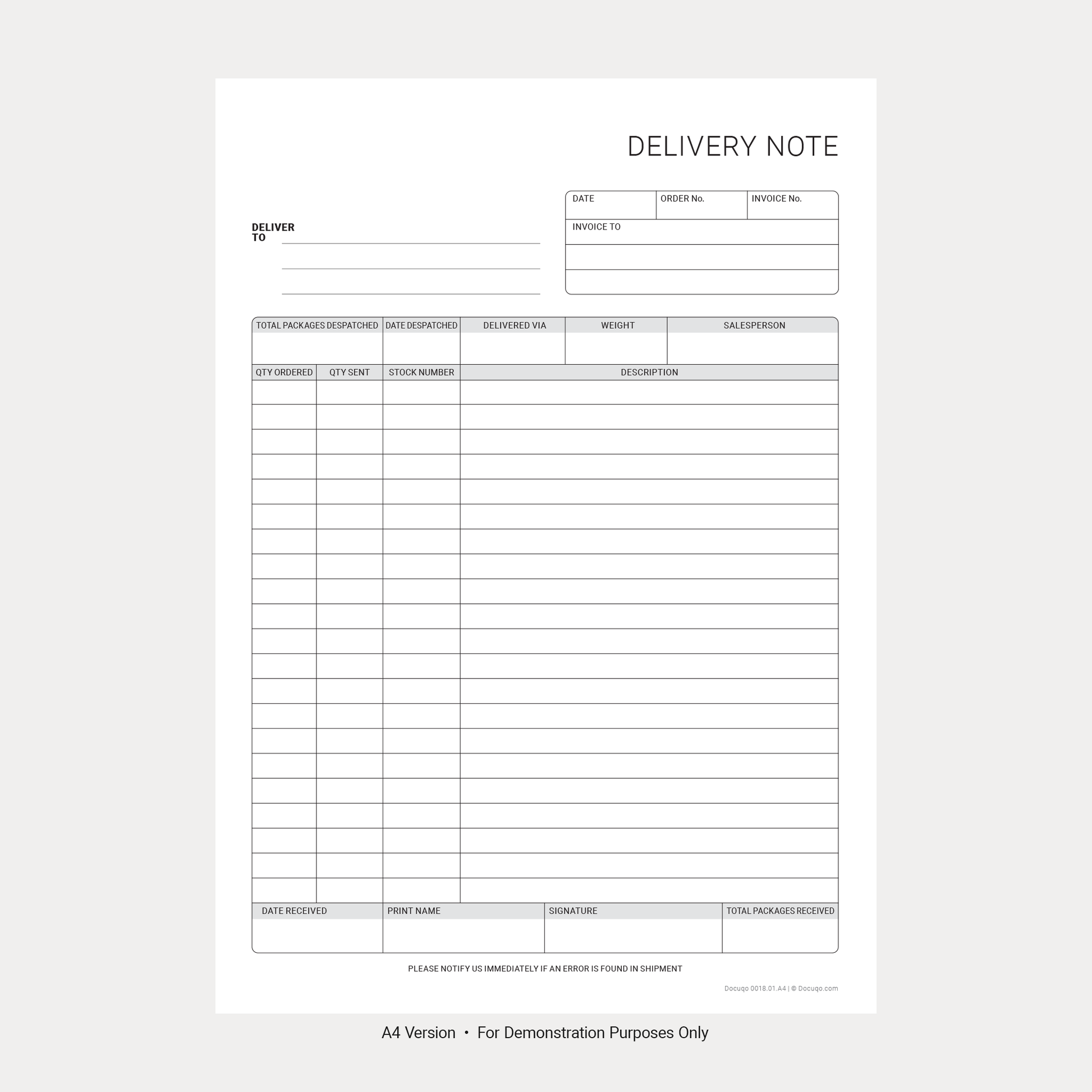Delivery Note Template A4 Blank – UK Business PDF Form (Docuqo 0018)