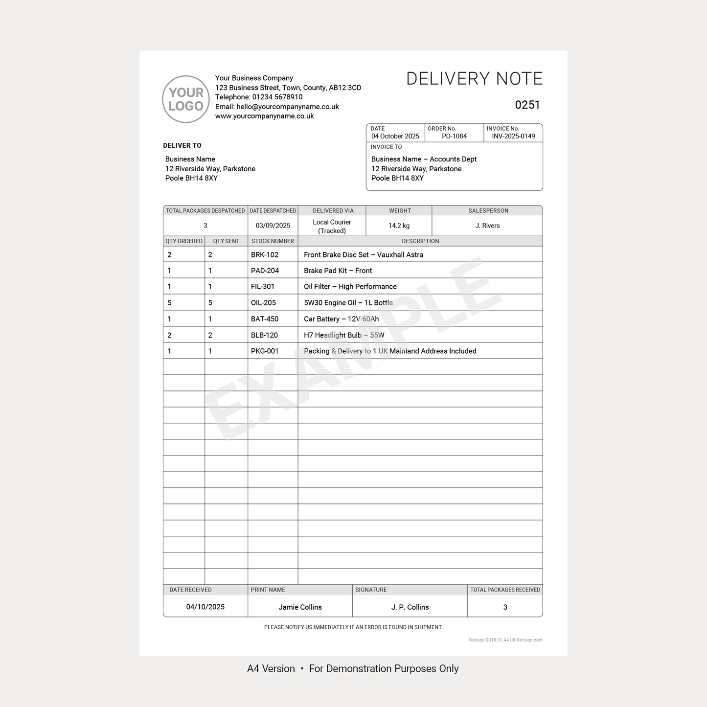 Delivery Note Template PDF A4 Example – Product Shipment Form (Docuqo 0018)
