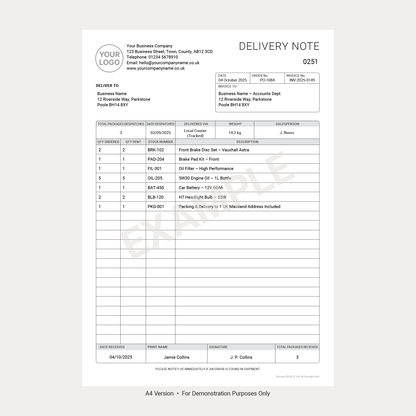 Delivery Note Template PDF A4 Example – Product Shipment Form (Docuqo 0018)
