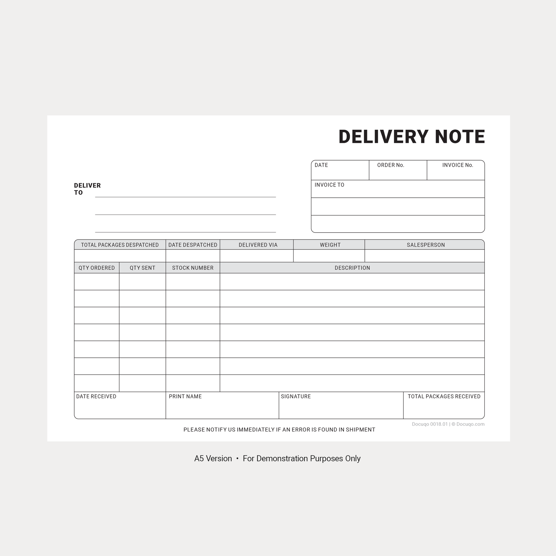 Delivery Note Template A5 Blank – Compact UK PDF Form (Docuqo 0018)