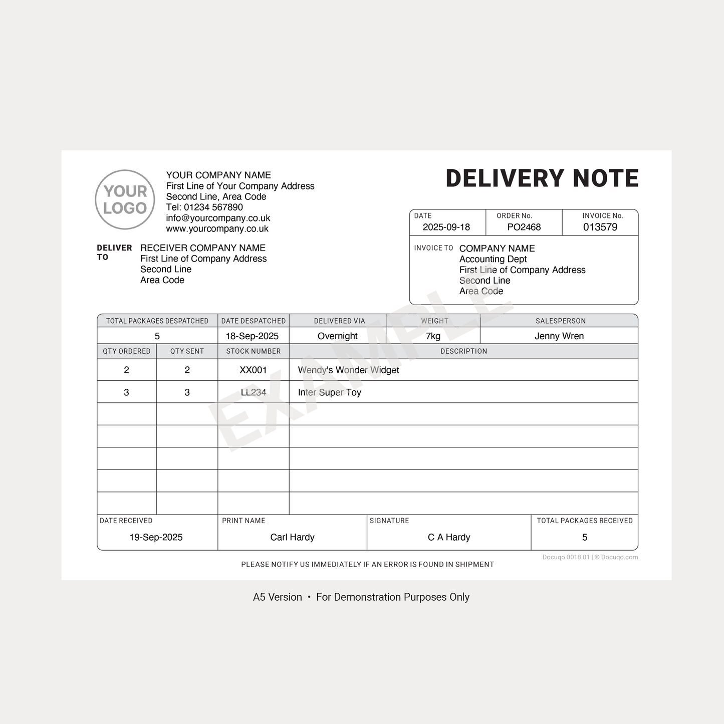 Delivery Note Template A5 Example – Delivery Record Form (Docuqo 0018)