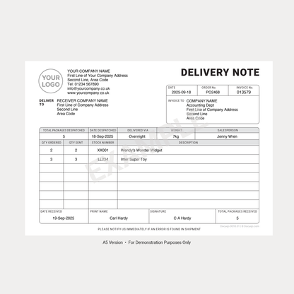 Delivery Note Template A5 Example – Delivery Record Form (Docuqo 0018)