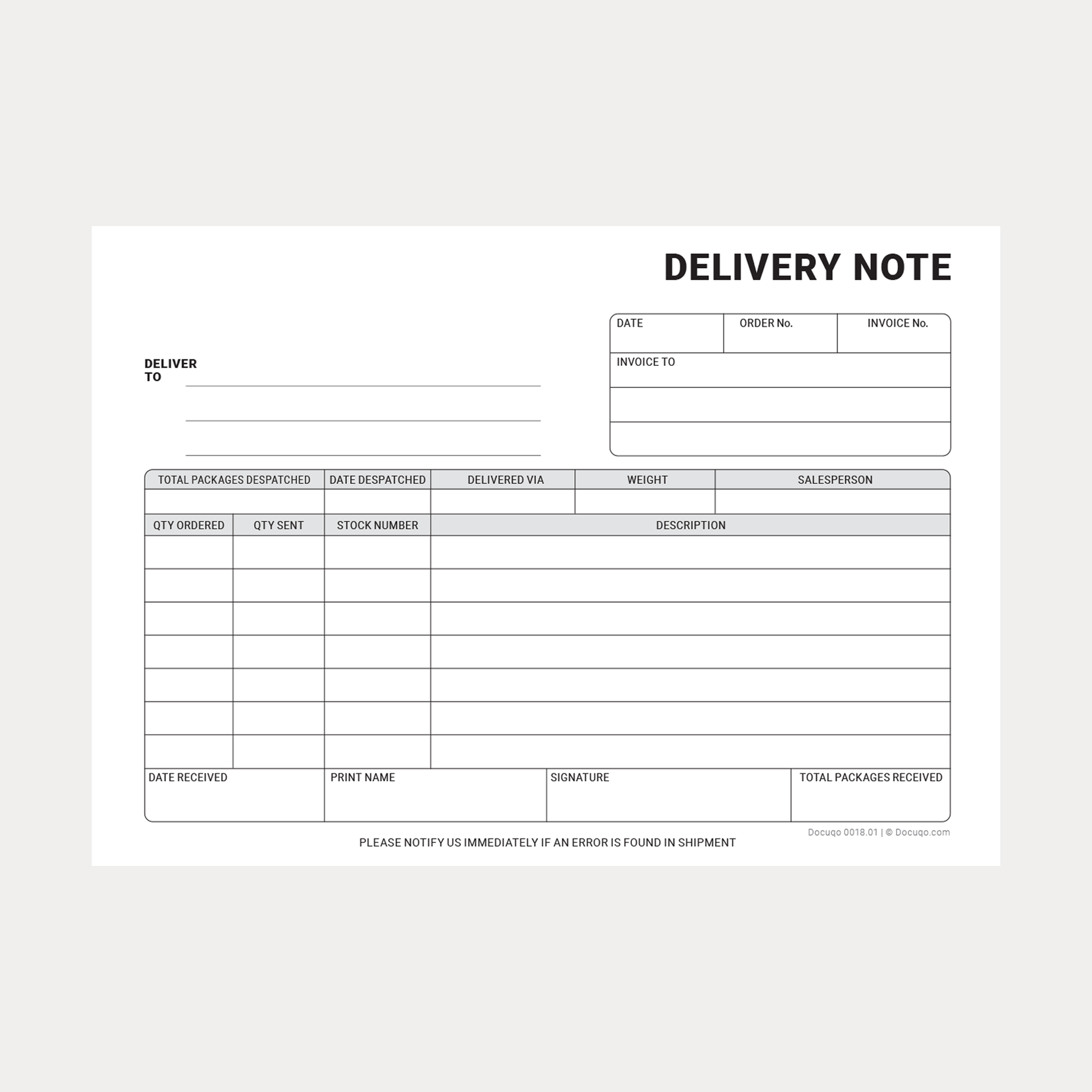 Blank Fillable A5 Delivery Note PDF form with editable fields – Docuqo 0018
