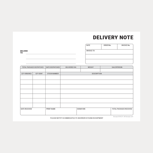 Blank Fillable A5 Delivery Note PDF form with editable fields – Docuqo 0018