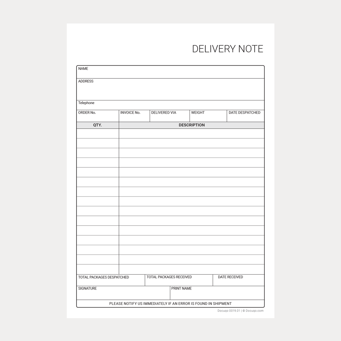Blank Fillable A5 Delivery Note PDF form with editable fields – Docuqo 0019