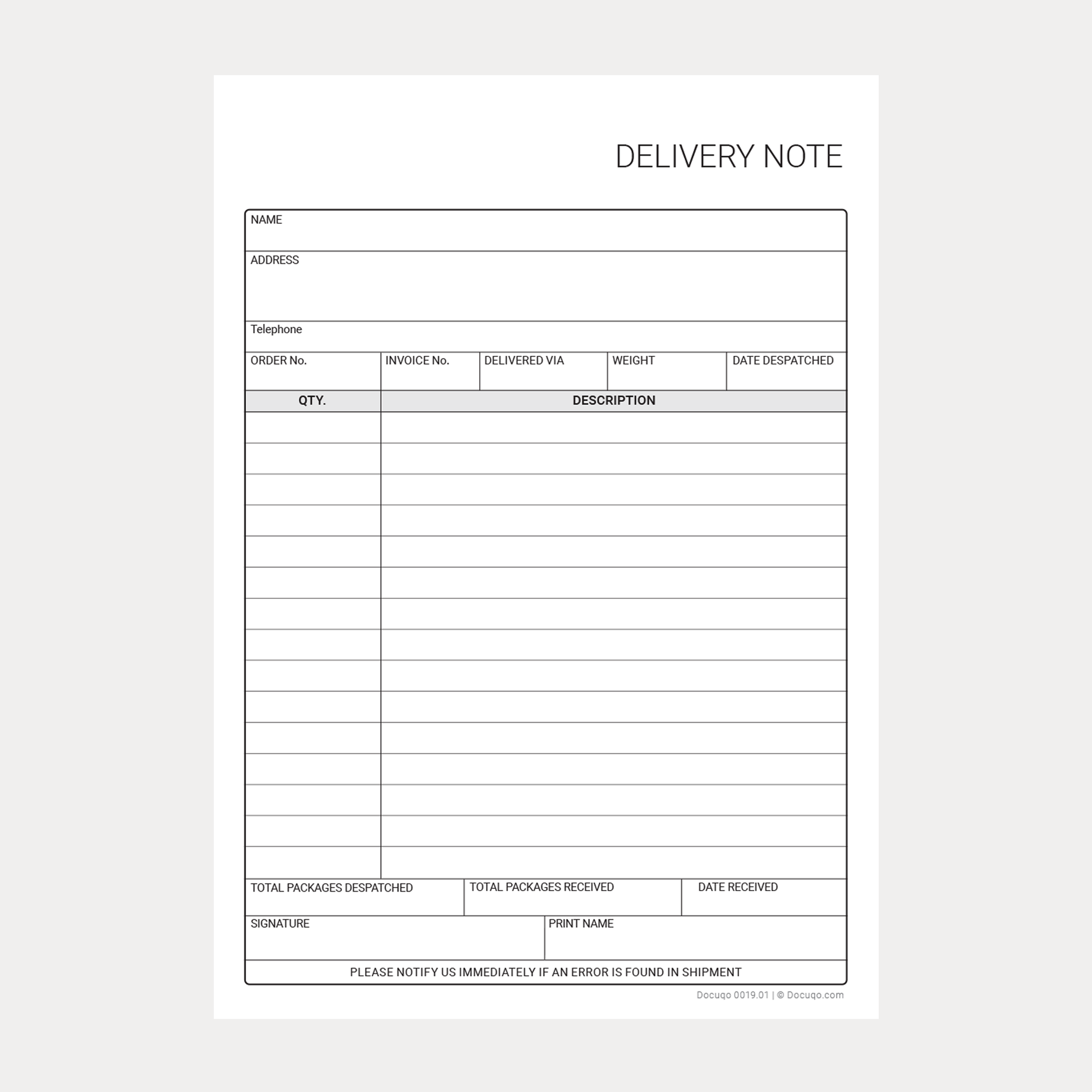 Blank Fillable A5 Delivery Note PDF form with editable fields – Docuqo 0019