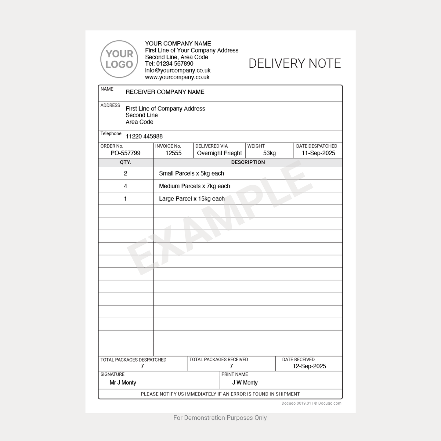 Completed example of Delivery Note template showing order, shipment, and receipt details – Docuqo 0019