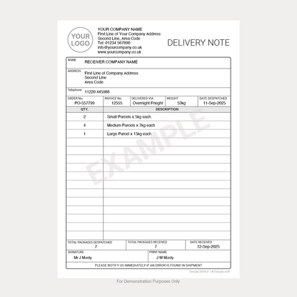 Completed example of Delivery Note template showing order, shipment, and receipt details – Docuqo 0019