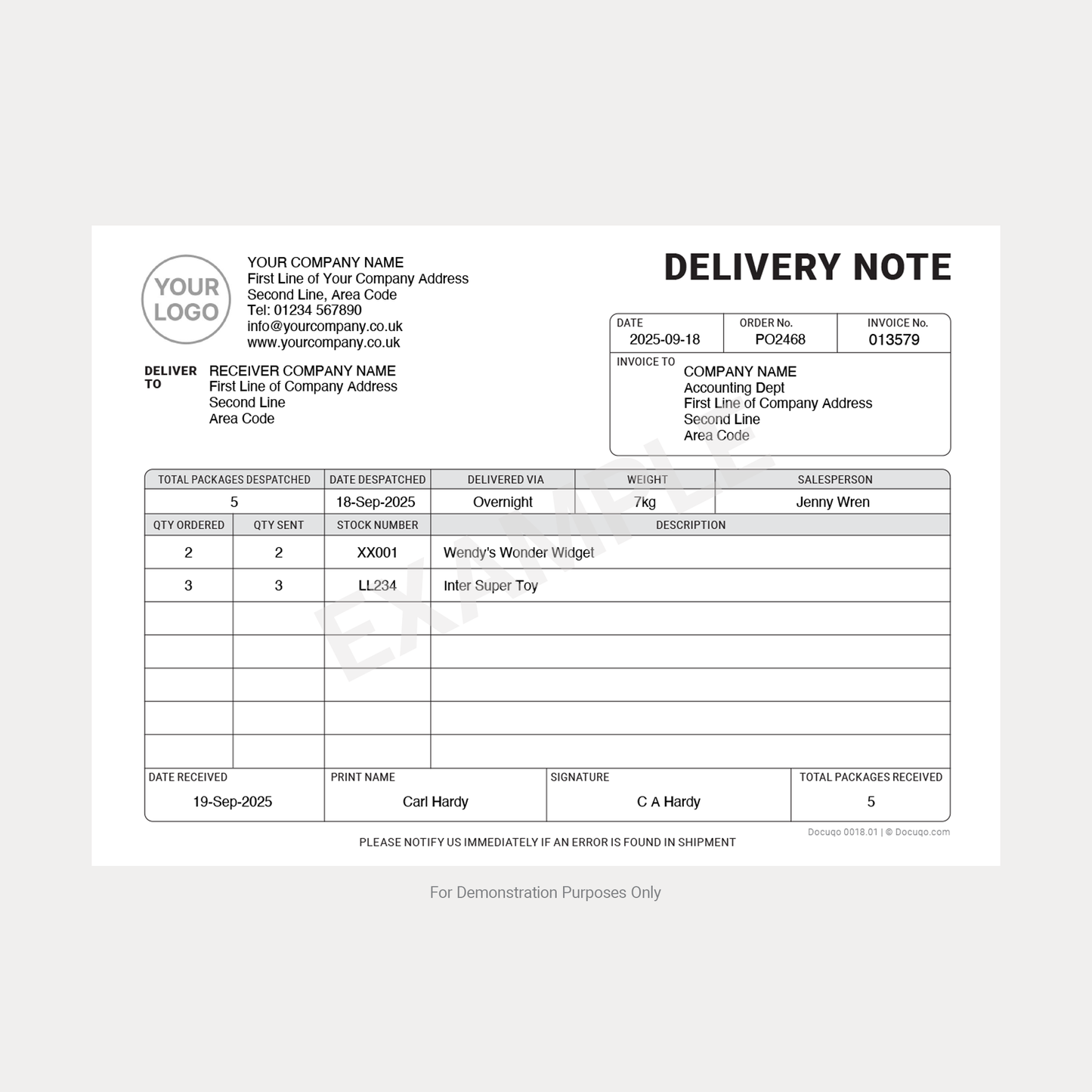 Completed example of Delivery Note template showing customer, order, and delivery details – Docuqo 0018