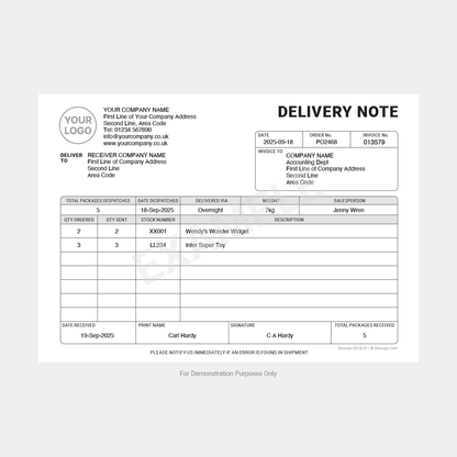Completed example of Delivery Note template showing customer, order, and delivery details – Docuqo 0018