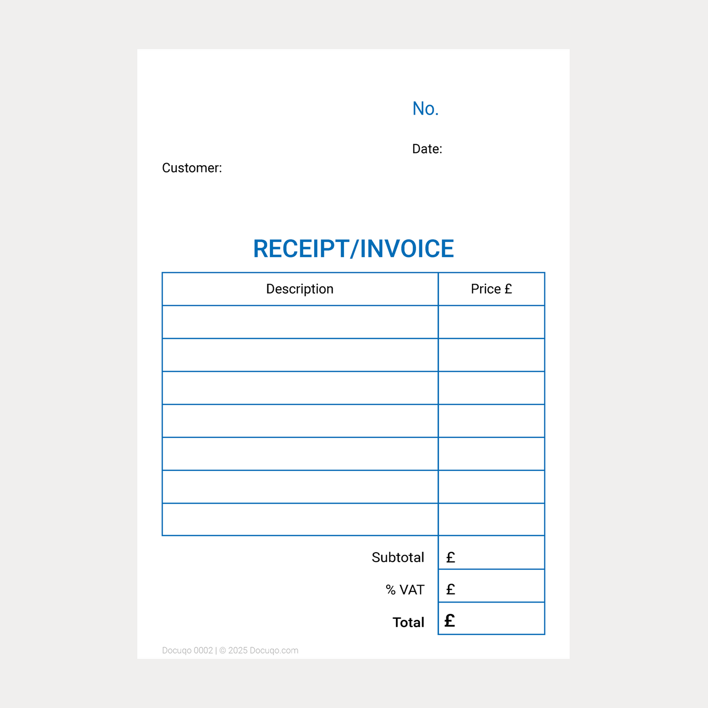 Receipt and Invoice Template UK – Blank Fillable PDF Form with £ currency
