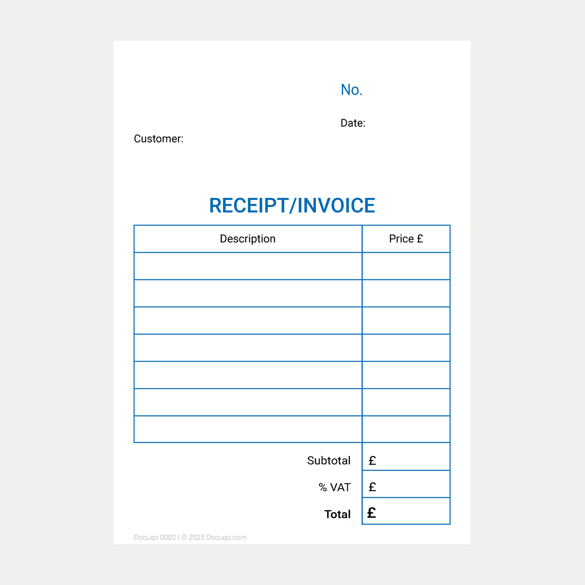 Receipt and Invoice Template UK – Blank Fillable PDF Form with £ currency
