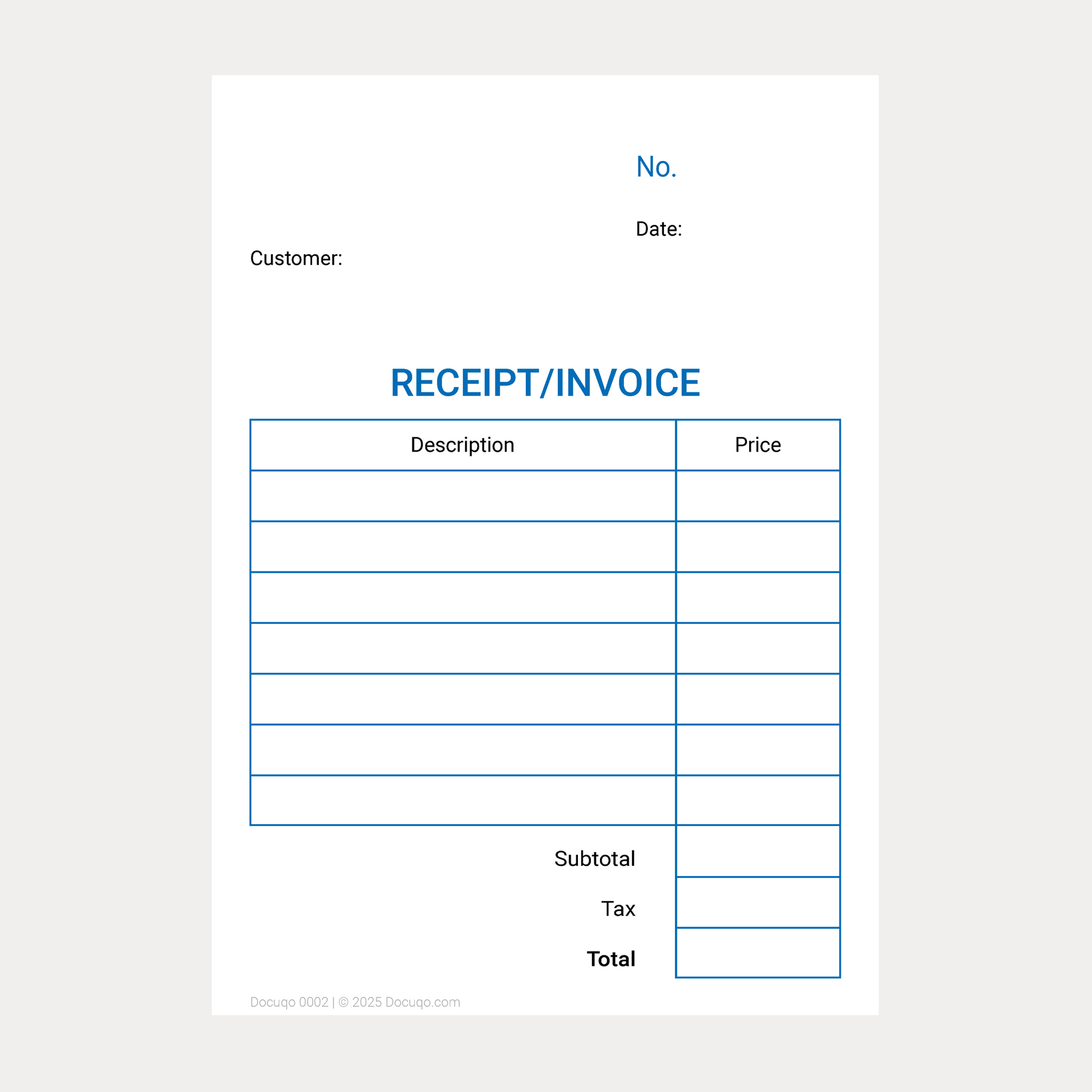 Receipt and Invoice Template International – Blank Fillable PDF Form without currency symbol
