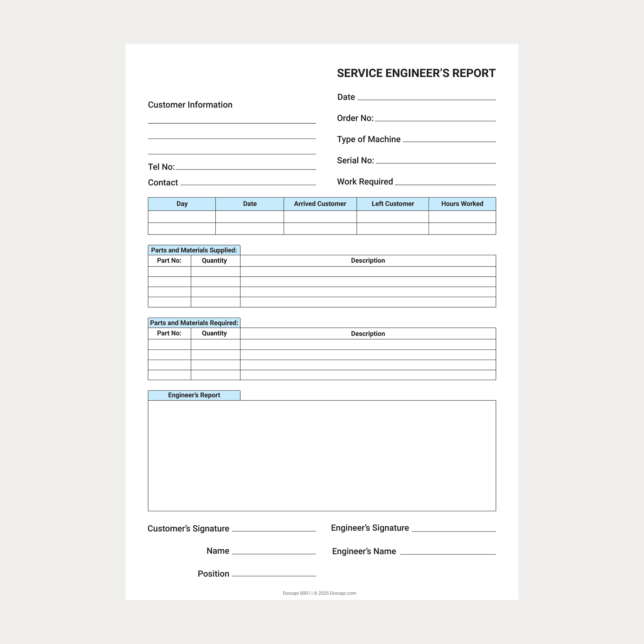 Engineer Installation Report Service Engineer’s Report Template – Fillable PDF (A4) – Docuqo