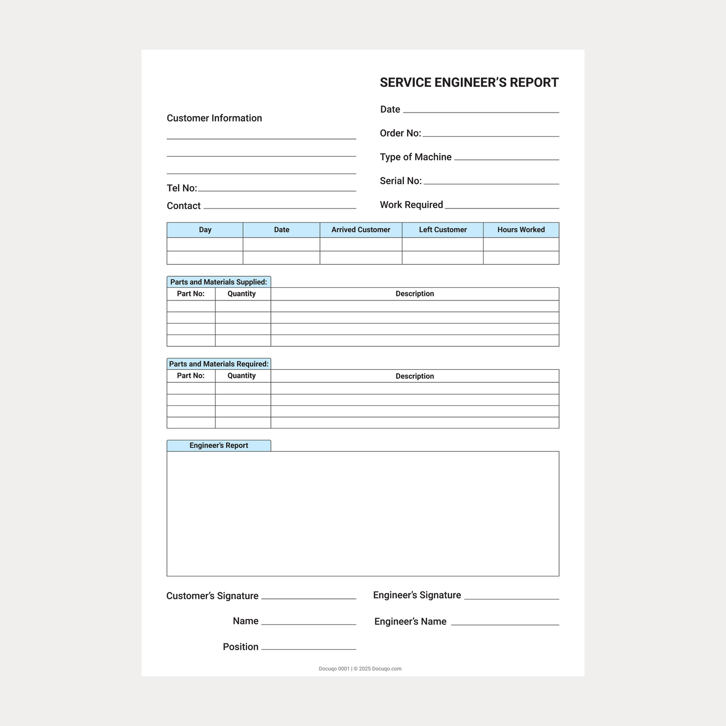 Service Engineer’s Report Template – Blank