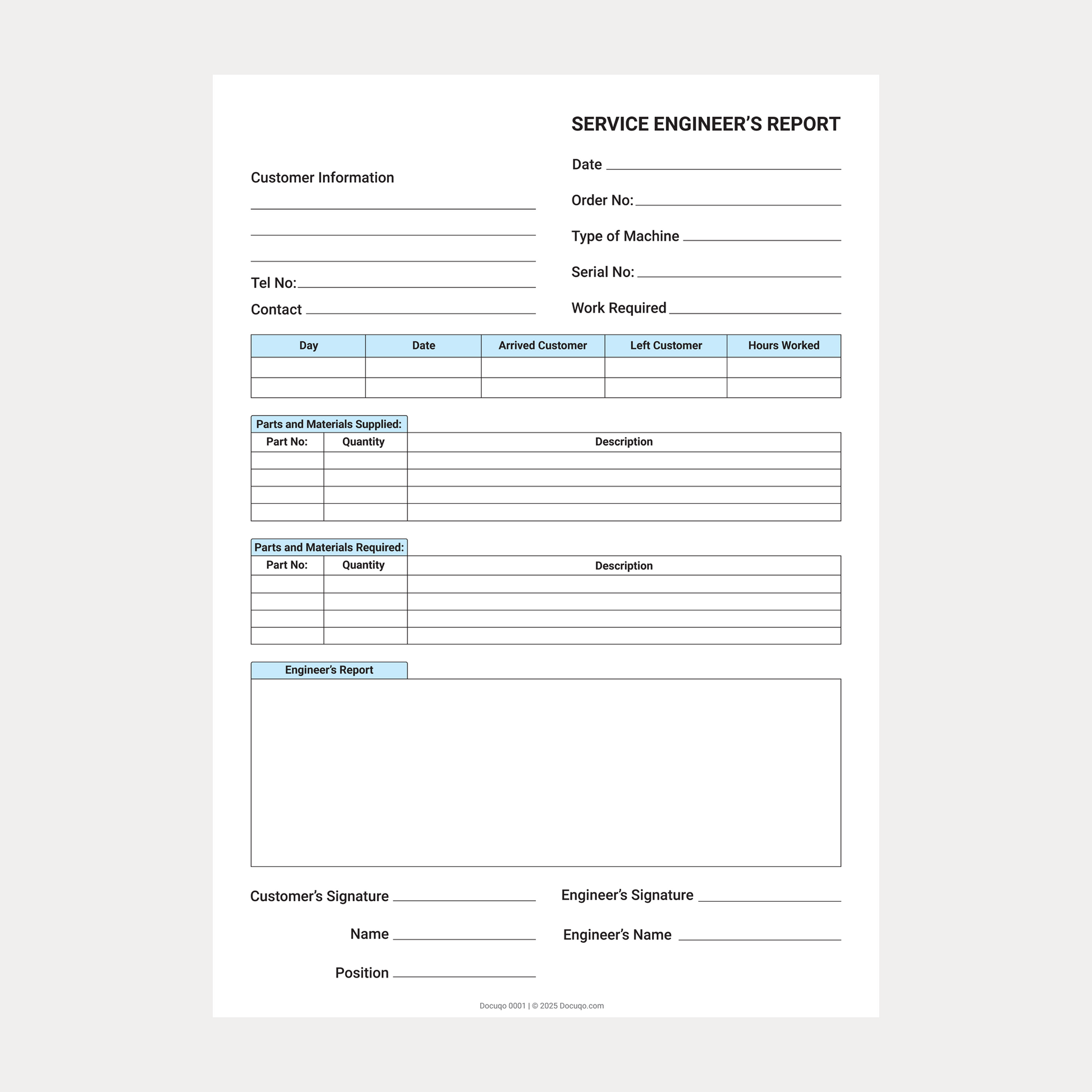 Service Engineer’s Report Template – Blank