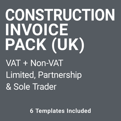 Construction Invoice Template Pack UK – VAT & Non-VAT A4 Fillable PDFs for Limited, Partnership & Sole Trader (Docuqo 0058)