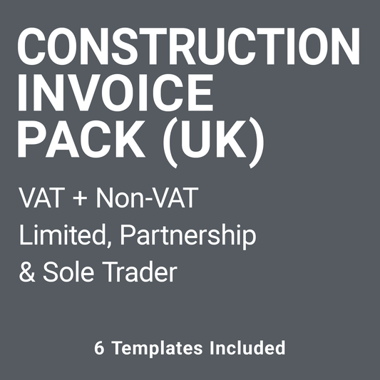 Construction Invoice Template Pack UK – VAT & Non-VAT A4 Fillable PDFs for Limited, Partnership & Sole Trader (Docuqo 0058)