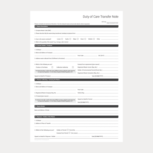 Blank Duty of Care Waste Transfer Note Template (A4, UK) PDF showing sections for waste description, producer details, carrier details, broker, disposer, signatures, and compliance statement.