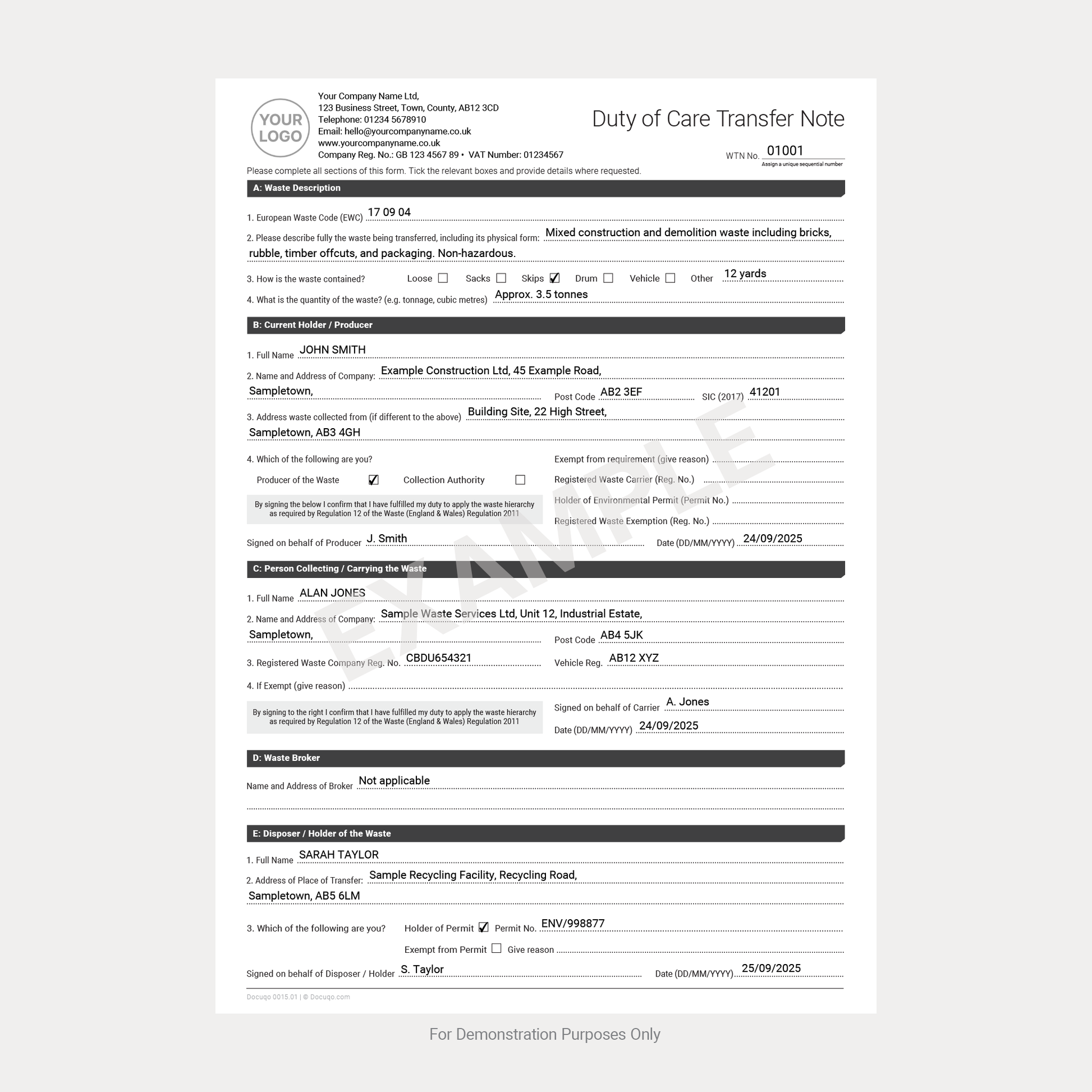 Transfer Waste Note Complete Example Duty of Care Waste Transfer Note Template UK – A4 PDF (Docuqo 0015)