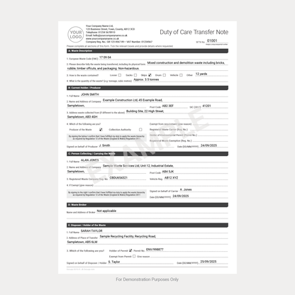 Completed FILLABLE PDF Duty of Care Waste Transfer Note Example (A4, UK) with sample company, vehicle, waste description, EWC code, SIC code, signatures, and dates for compliance with UK waste regulations.
