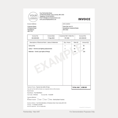 Electrician Invoice Complete Pack UK – VAT & Non-VAT A4 Fillable PDFs for Ltd, Partnership & Sole Trader (Docuqo 0052)