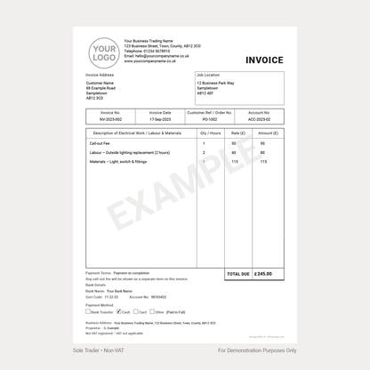 Electrician Invoice Complete Pack UK – VAT & Non-VAT A4 Fillable PDFs for Ltd, Partnership & Sole Trader (Docuqo 0052)