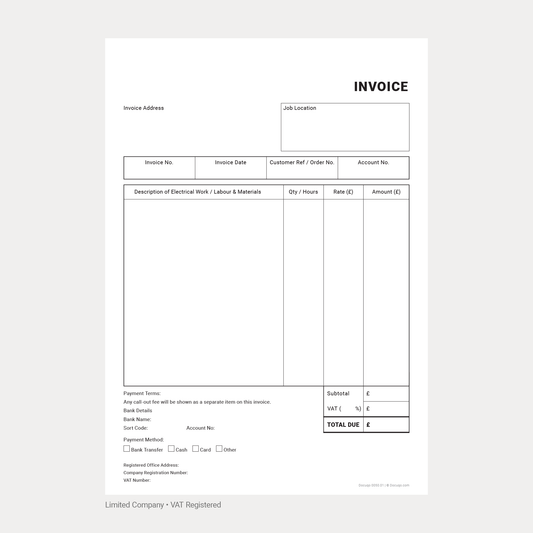 Electrician VAT Invoice Template UK – Limited Company A4 Fillable PDF Download