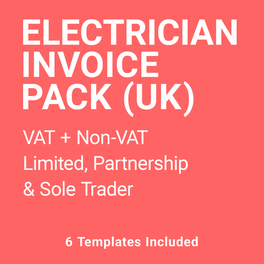 Electrician Invoice Complete Pack UK – VAT & Non-VAT A4 Fillable PDFs for Ltd, Partnership & Sole Trader (Docuqo 0052)