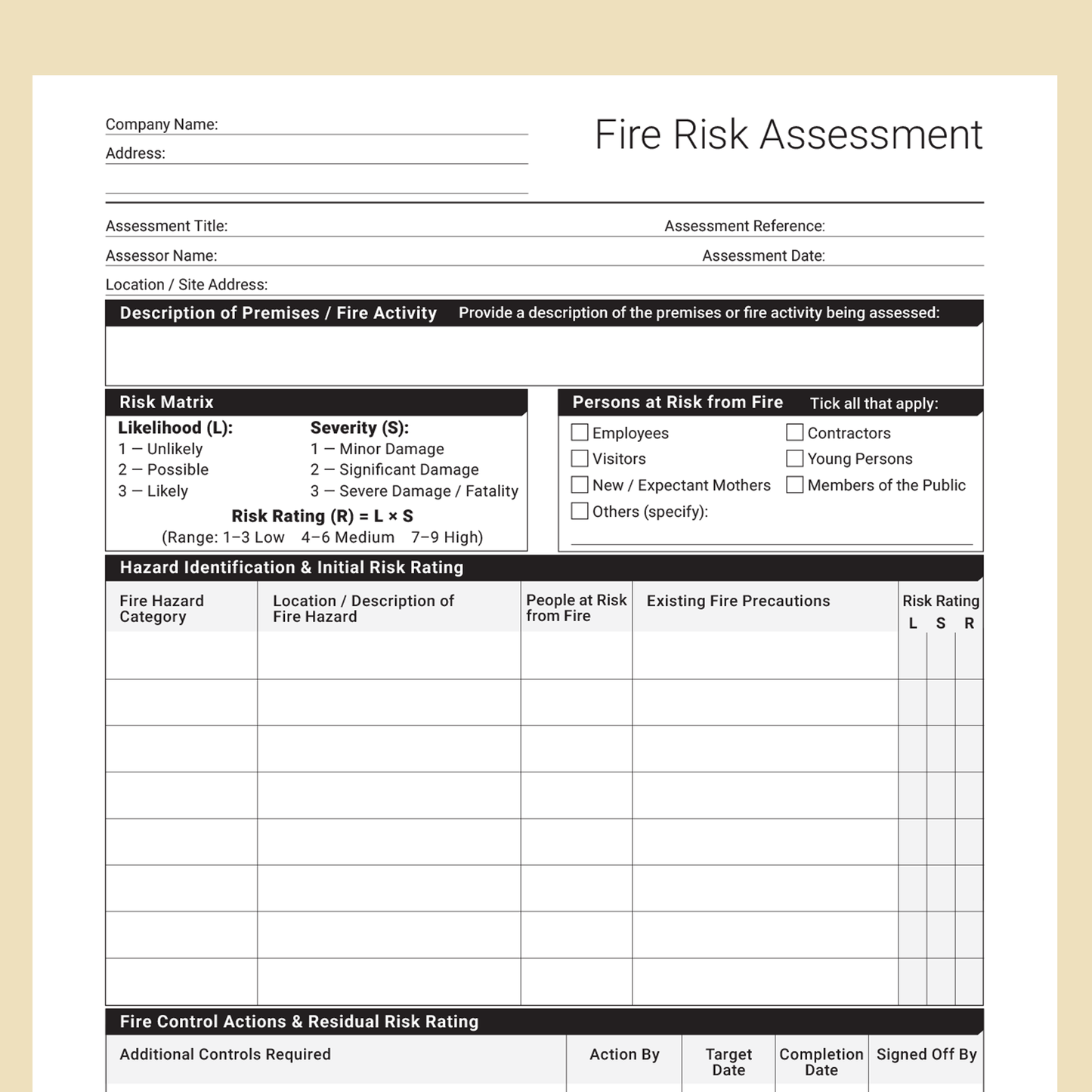 Fire Risk Assessment Template (UK, A4 Fillable PDF) – Docuqo 0107
