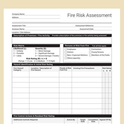 Fire Risk Assessment Template (UK, A4 Fillable PDF) – Docuqo 0107