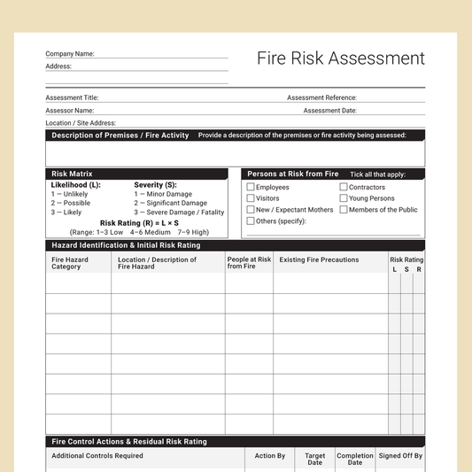 Fire Risk Assessment Template (UK, A4 Fillable PDF) – Docuqo 0107