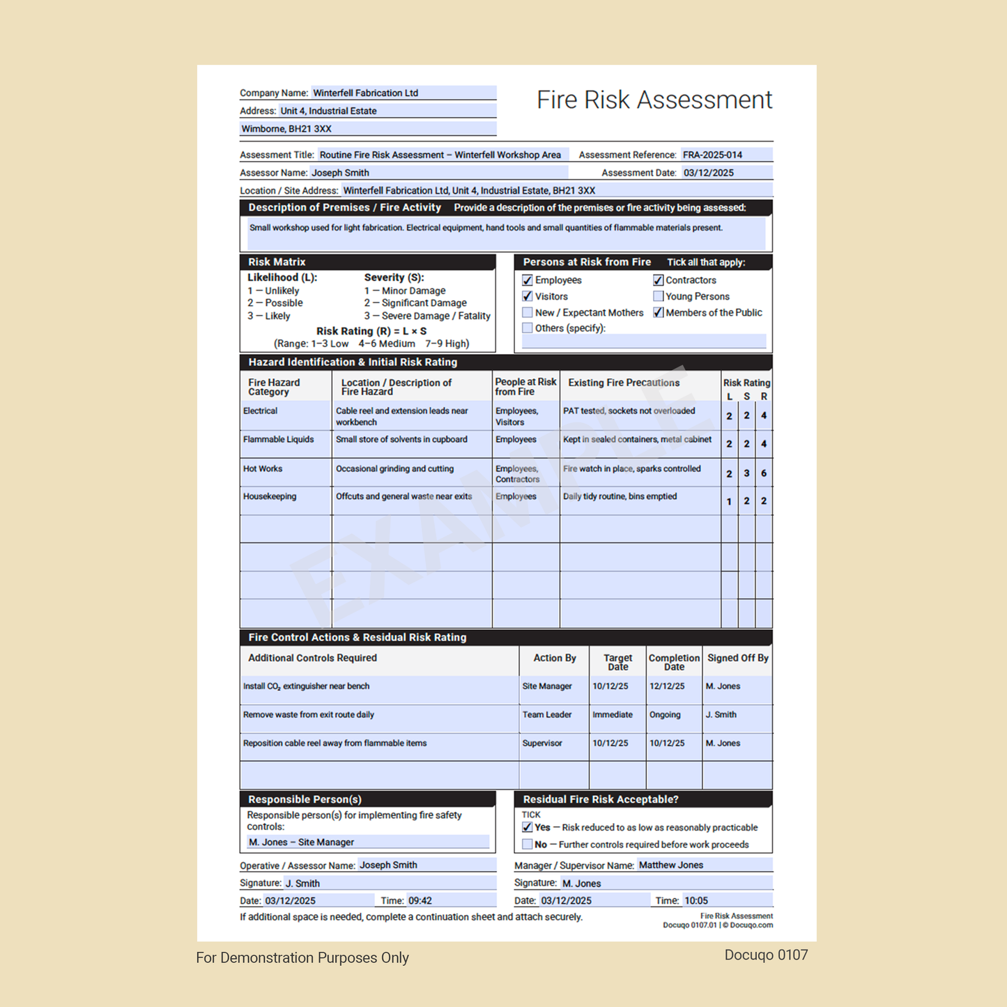 Fire Risk Assessment Template (UK, A4 Fillable PDF) – Docuqo 0107