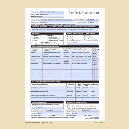 Fire Risk Assessment Template (UK, A4 Fillable PDF) – Docuqo 0107