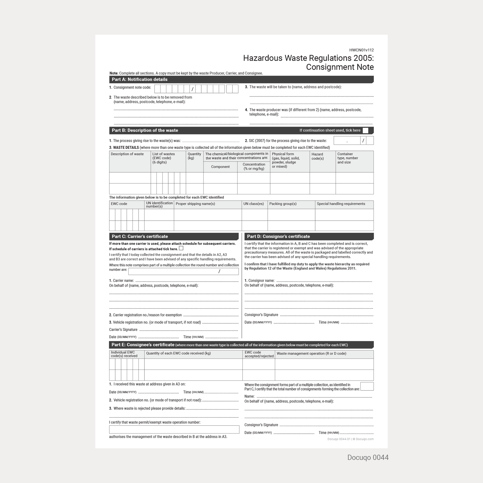 Hazardous Waste Consignment Note HWCN01v112 (UK, A4 Fillable PDF) – Styled from the Official UK Government Blank Example Template (Docuqo 0044)