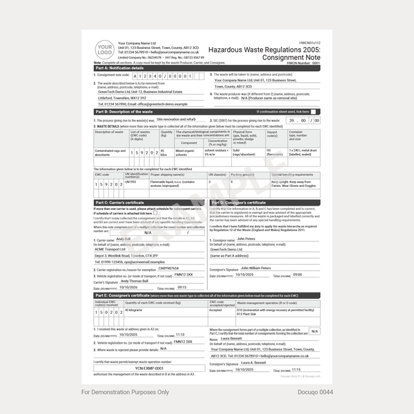 Hazardous Waste Consignment Note Template (UK, A4 Fillable PDF) – Docuqo