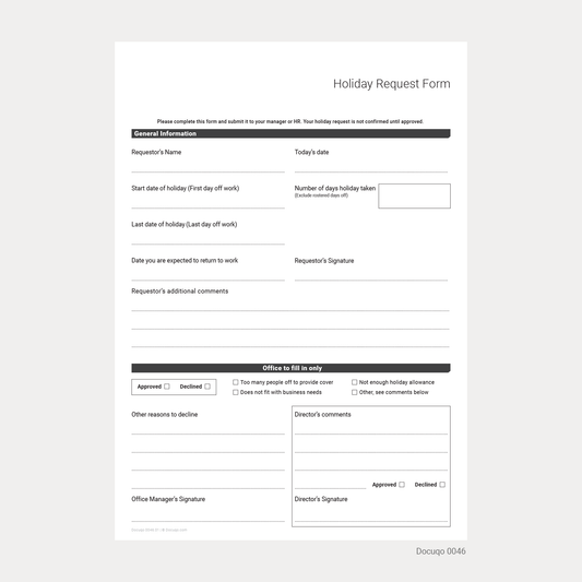 Blank Holiday Request Form Template for UK Businesses (Docuqo 0046)