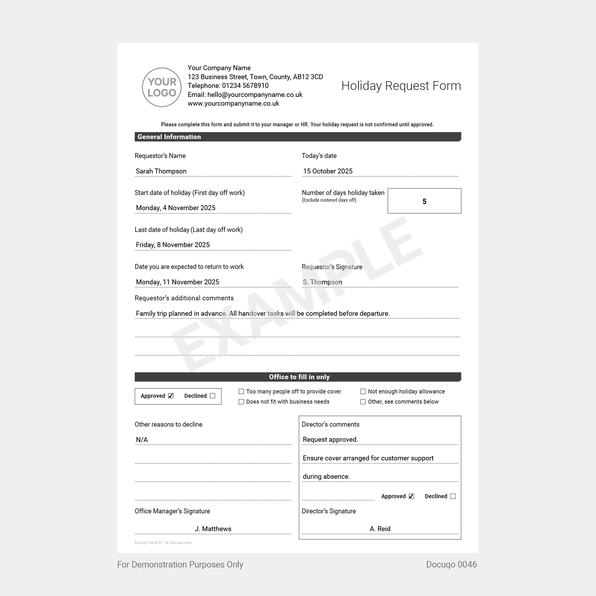 Example Employee Holiday Request Form Template – UK, A4 Fillable PDF (Docuqo 0046)