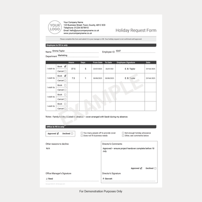 Holiday Request Form UK Template, A4 Fillable PDF Example Employee Leave Template