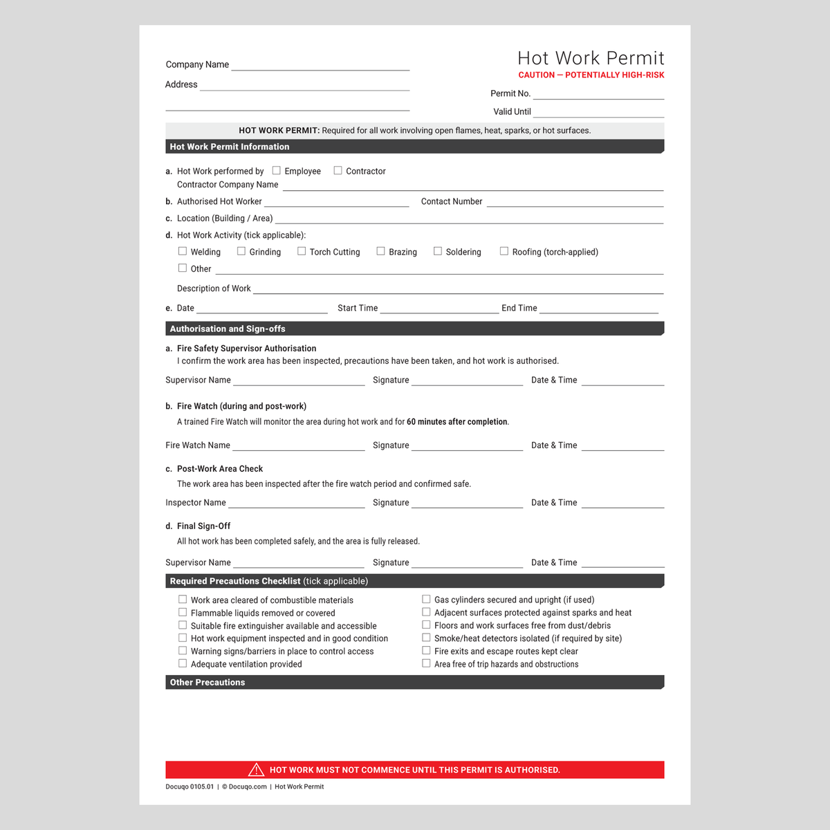 Hot Work Permit Template UK | Fillable Fire Safety Permit – Docuqo 0105