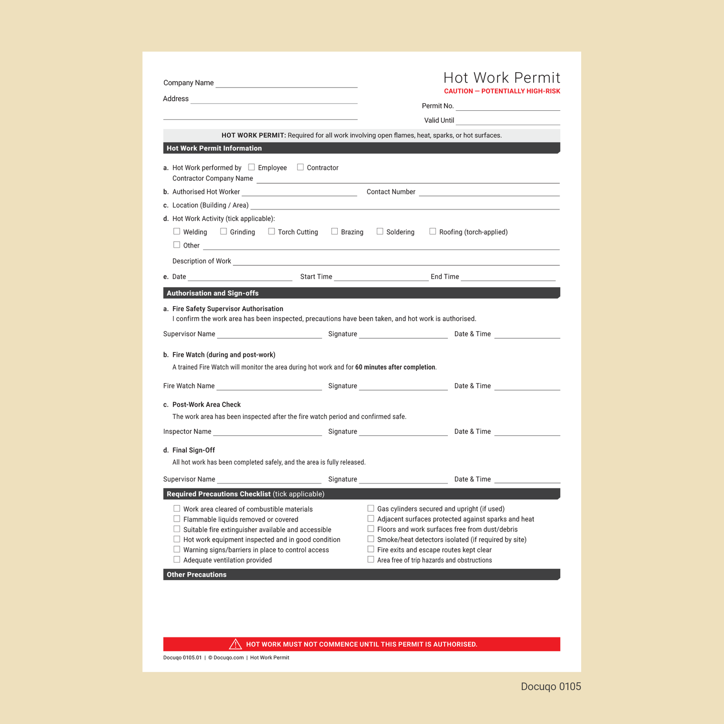 Hot Work Permit Template UK | Fillable PDF Fire Safety Permit – Docuqo 0105