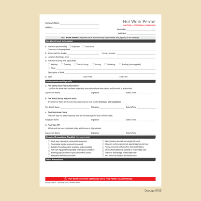 Hot Work Permit Template UK | Fillable PDF Fire Safety Permit – Docuqo 0105