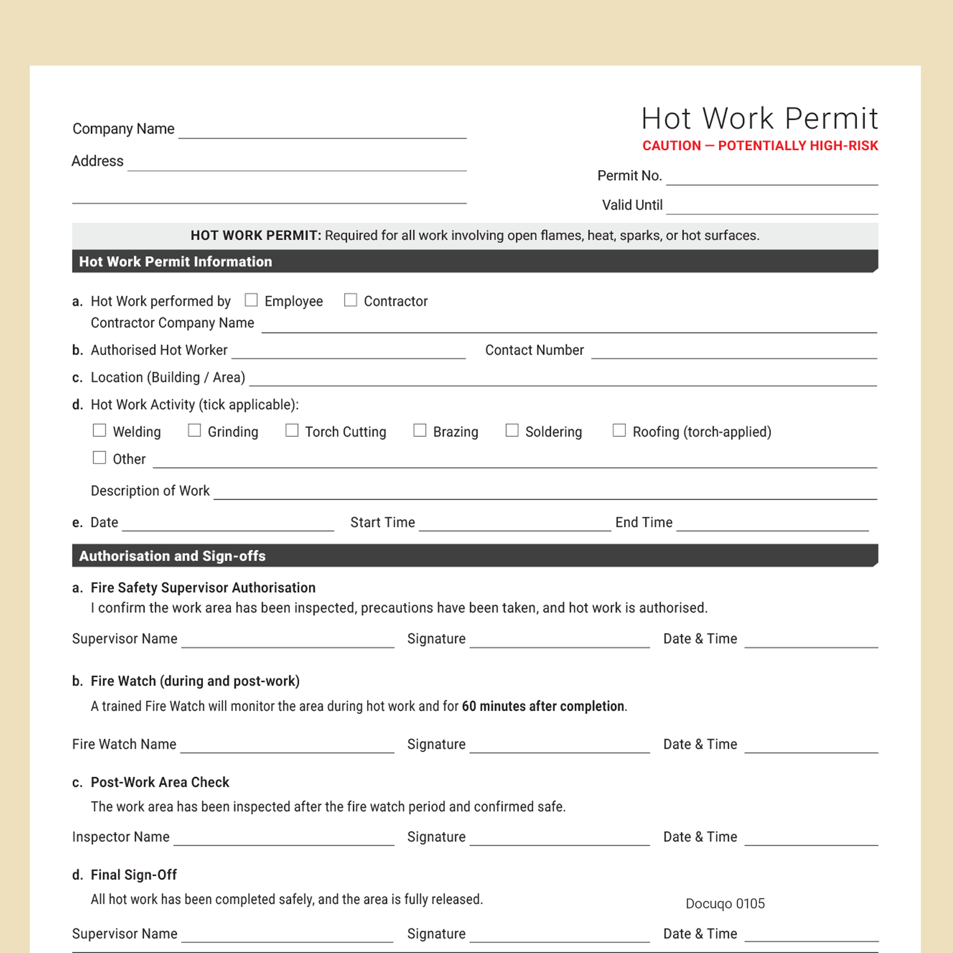 Hot Work Permit Template UK | Fillable Fire Safety Permit – Docuqo 0105