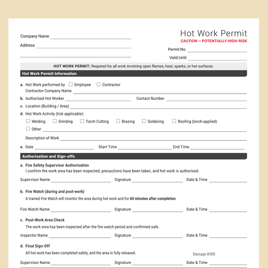 Hot Work Permit Template UK | Fillable Fire Safety Permit – Docuqo 0105