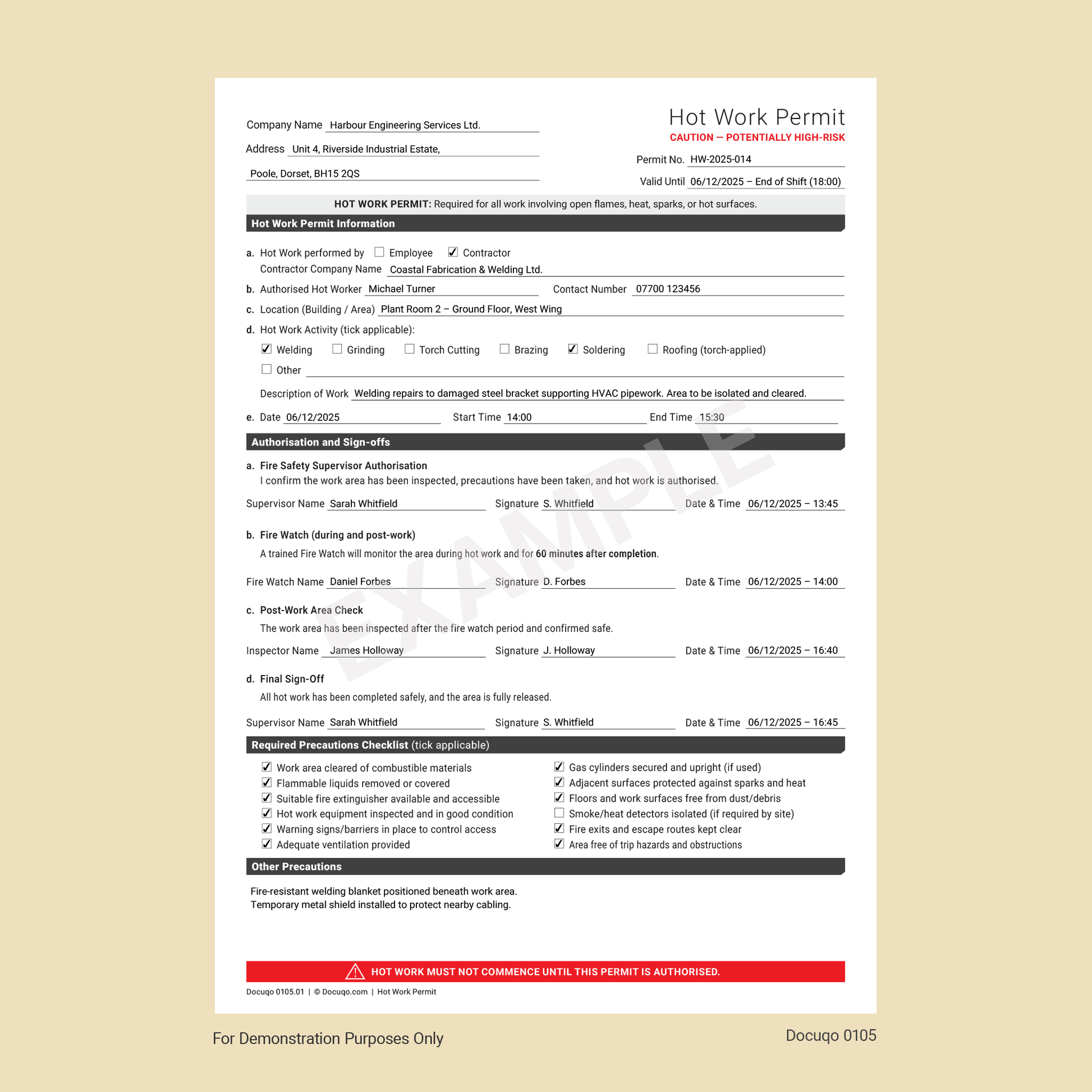 Hot Work Permit Template UK | Fillable Fire Safety Permit Sample – Docuqo 0105